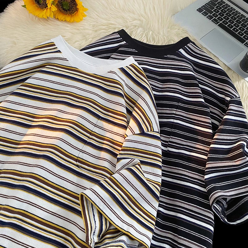 Summer thin striped short-sleeved T-shirt men's pocket round neck color matching fashion brand casual all-match trendy youth T-shirt - Image 2