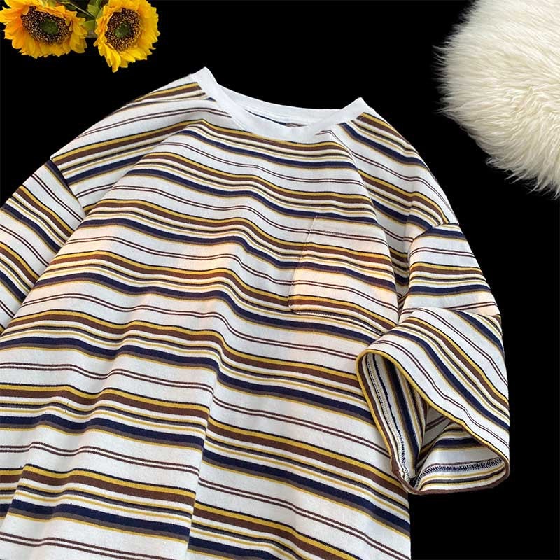 Summer thin striped short-sleeved T-shirt men's pocket round neck color matching fashion brand casual all-match trendy youth T-shirt - Image 1