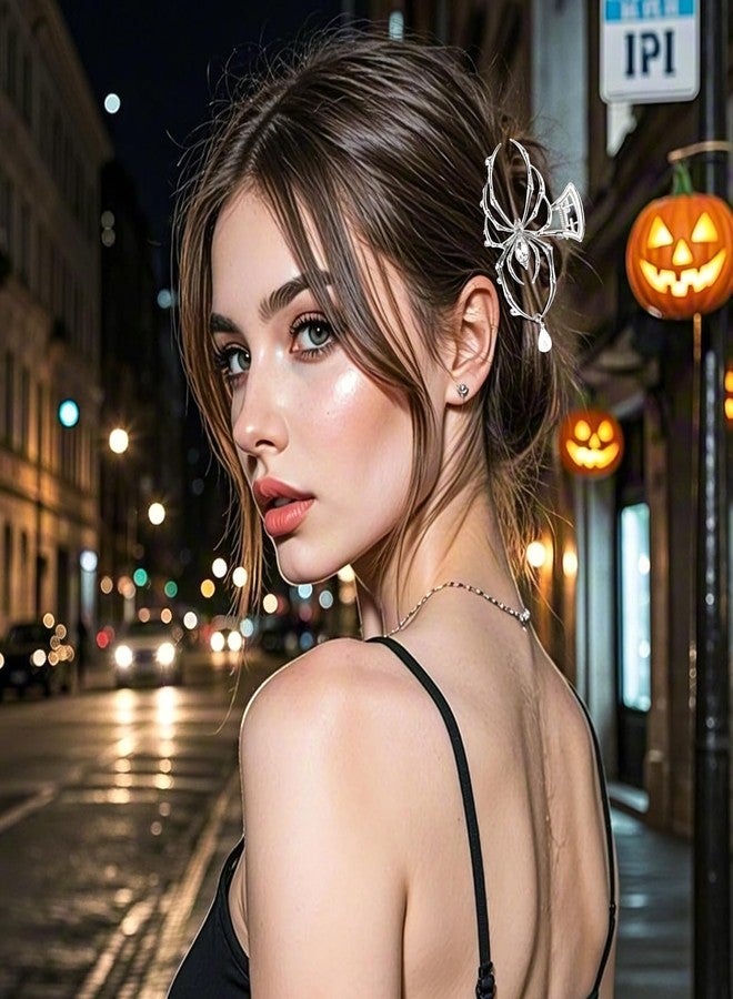 هابدو مشابك شعر معدنية على شكل عنكبوت من هابدو، قطعتان، فضية وسوداء، إكسسوارات شعر على شكل مخالب للهالوين للنساء والفتيات - Image 3