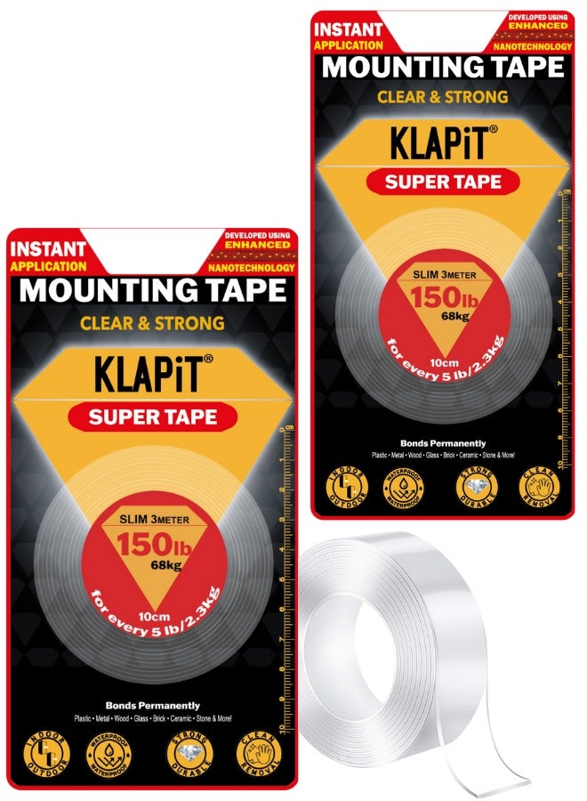 KLAPiT KLAPiT SUPER TAPE Double Sided Tape Heavy Duty Mounting Tape Holds 150 Pounds or 68Kg Weight Using Enhanced Nano Technology. Clear Tape for Wall, Wood, Tile, Stone, Glass, Metal and Acrylic 3m, 2pc  - Image 1