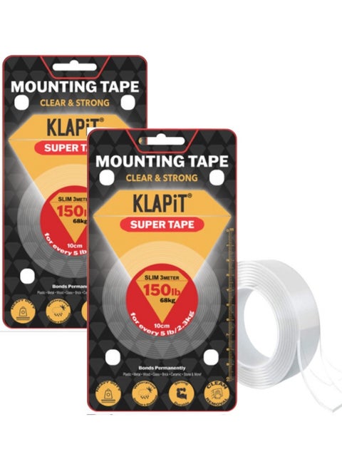 شريط KLAPiT SUPER TAPE مزدوج الجوانب شديد التحمل يحمل وزن 150 رطلاً أو 68 كجم باستخدام تقنية النانو المحسّنة. شريط شفاف للجدار والخشب والبلاط والحجر والزجاج والمعدن والاكريليك 3 م ، 2 قطعة