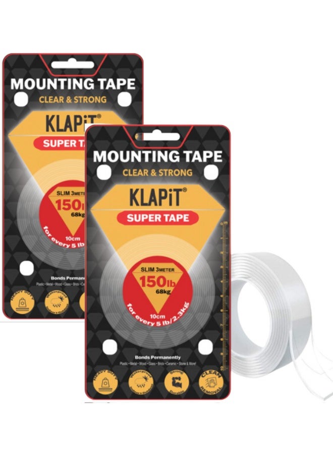 KLAPiT KLAPiT SUPER TAPE Double Sided Tape Heavy Duty Mounting Tape Holds 150 Pounds or 68Kg Weight Using Enhanced Nano Technology. Clear Tape for Wall, Wood, Tile, Stone, Glass, Metal and Acrylic 3m, 2pc  - Image 1