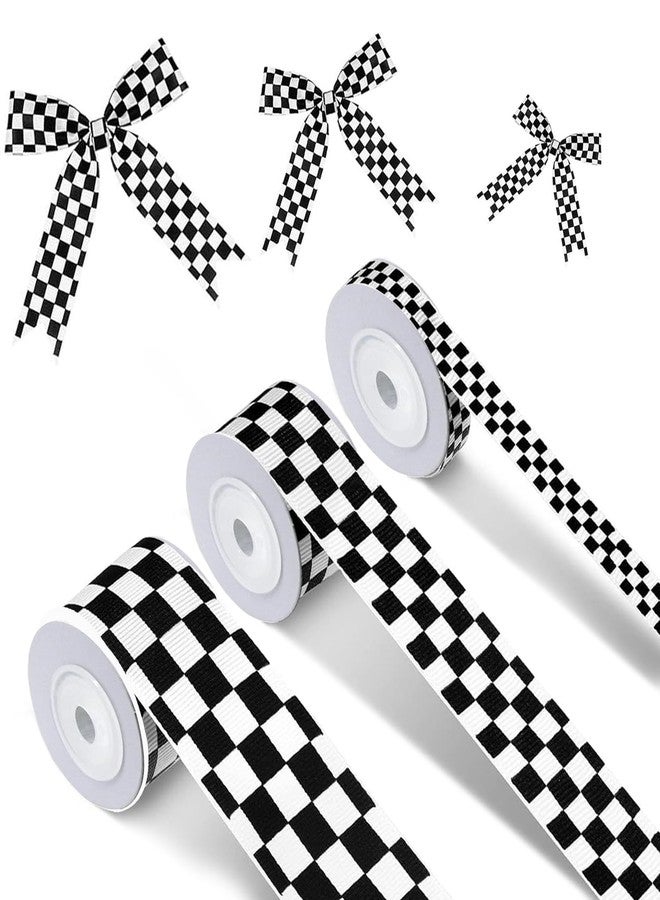 weizedm 3 Rolls White Checkered Printed Ribbon Black Grosgrain Ribbon,0.4, 0.87, 1.5 Inch Wide, 15 Yards in Total, Car Theme Checkered Ribbon ， for DIY Crafts Wreath Racing Car Party Wreath Decorations - Image 1