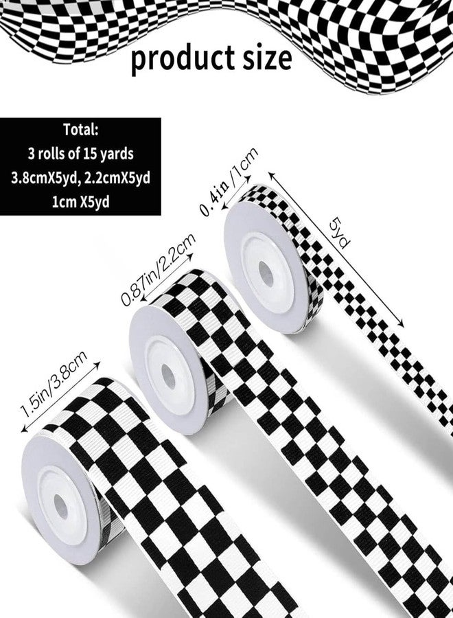 weizedm 3 Rolls White Checkered Printed Ribbon Black Grosgrain Ribbon,0.4, 0.87, 1.5 Inch Wide, 15 Yards in Total, Car Theme Checkered Ribbon ， for DIY Crafts Wreath Racing Car Party Wreath Decorations - Image 2