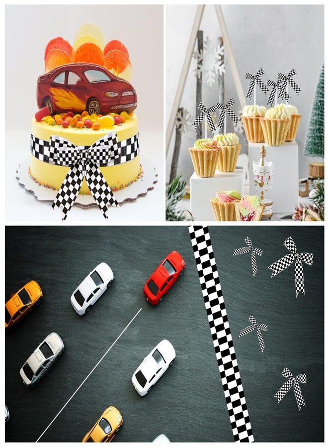 weizedm 3 Rolls White Checkered Printed Ribbon Black Grosgrain Ribbon,0.4, 0.87, 1.5 Inch Wide, 15 Yards in Total, Car Theme Checkered Ribbon ， for DIY Crafts Wreath Racing Car Party Wreath Decorations - Image 4