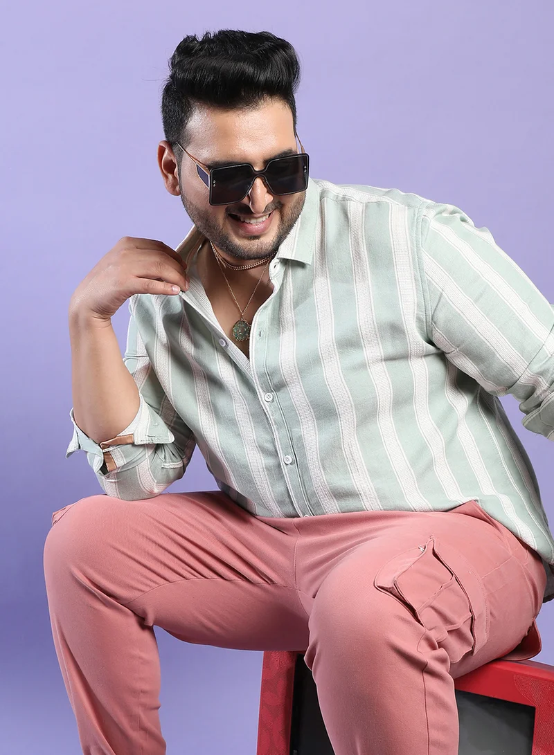 Instafab Plus Instafab Plus Men's Sage Green & White Contrast Club Striped Shirt For Casual Wear | Spread Collar | Long Sleeve | Button Closure | Cotton Blend Shirt Crafted With Comfort Fit For Everyday Wear