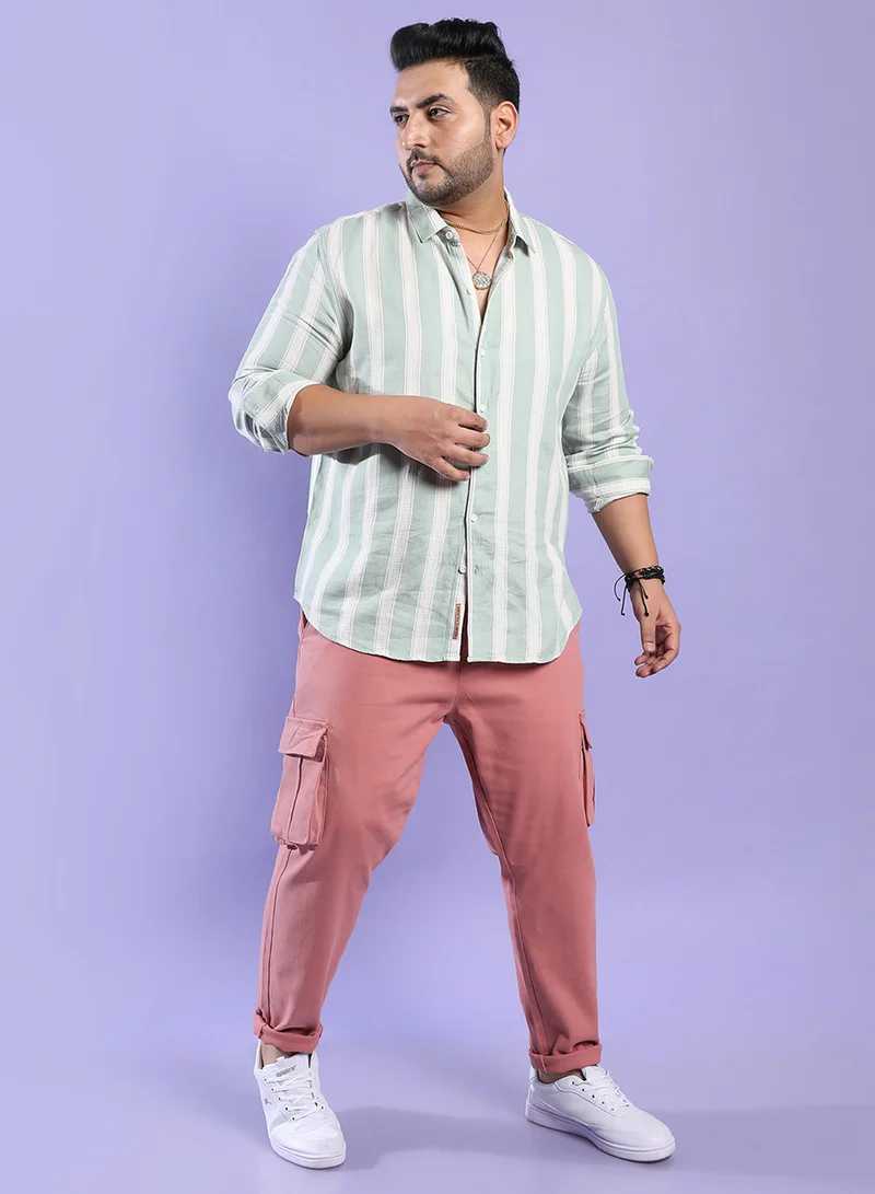 Instafab Plus Instafab Plus Men's Sage Green & White Contrast Club Striped Shirt For Casual Wear | Spread Collar | Long Sleeve | Button Closure | Cotton Blend Shirt Crafted With Comfort Fit For Everyday Wear