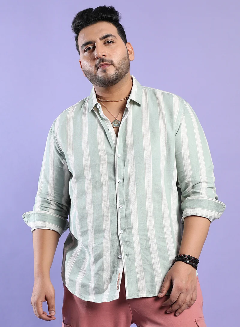 Instafab Plus Instafab Plus Men's Sage Green & White Contrast Club Striped Shirt For Casual Wear | Spread Collar | Long Sleeve | Button Closure | Cotton Blend Shirt Crafted With Comfort Fit For Everyday Wear