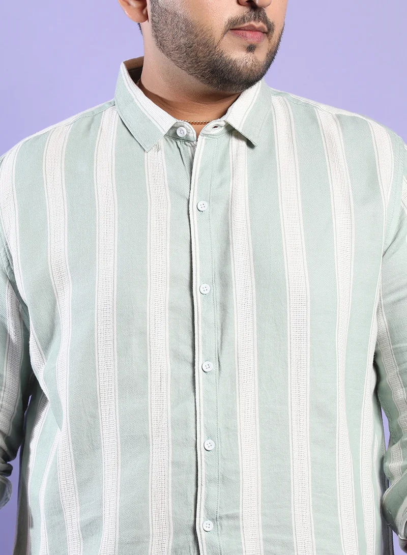 Instafab Plus Instafab Plus Men's Sage Green & White Contrast Club Striped Shirt For Casual Wear | Spread Collar | Long Sleeve | Button Closure | Cotton Blend Shirt Crafted With Comfort Fit For Everyday Wear