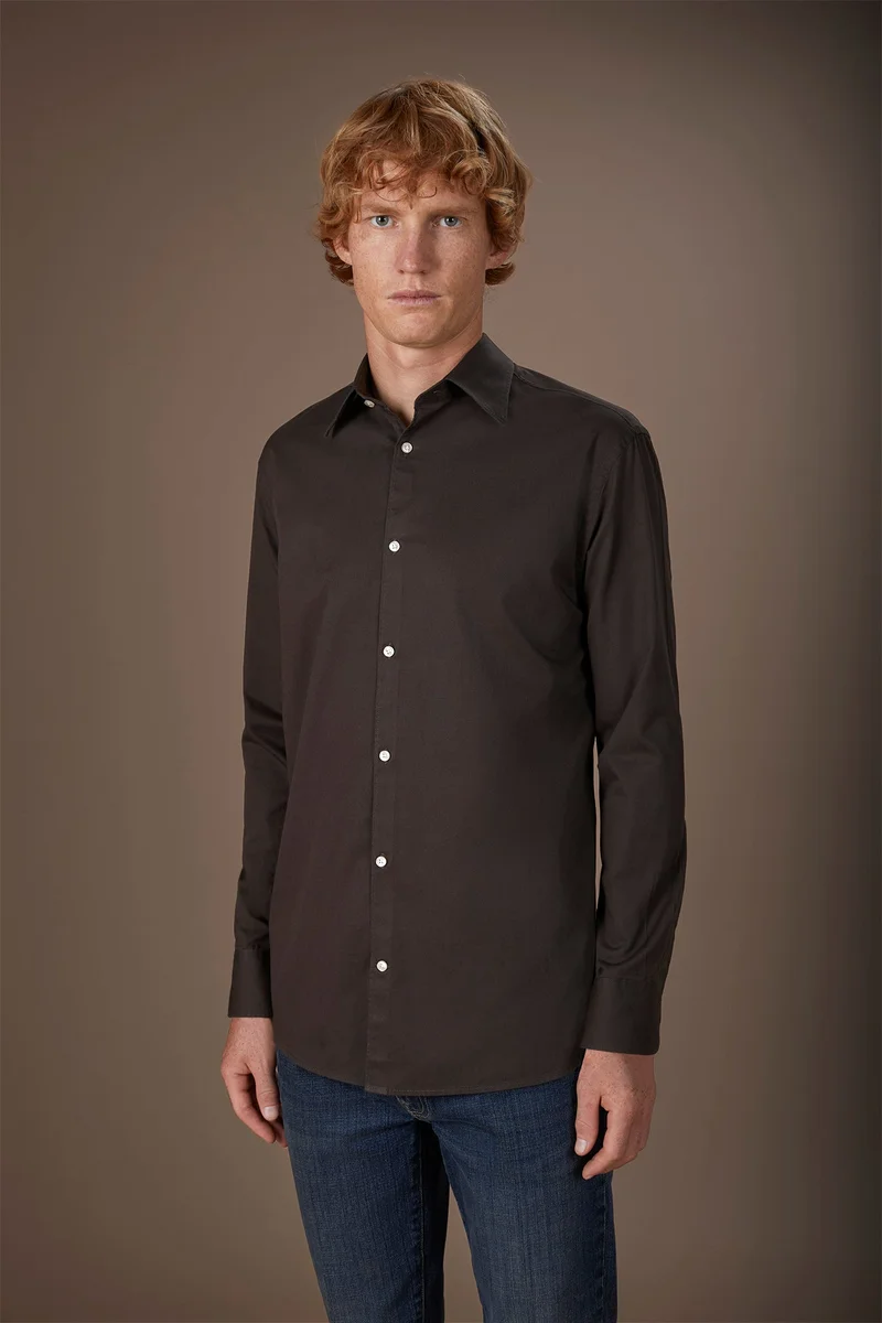 Men's casual shirt with classic collar in 100% cotton gabardine fabric comfort fit - Dk Brown