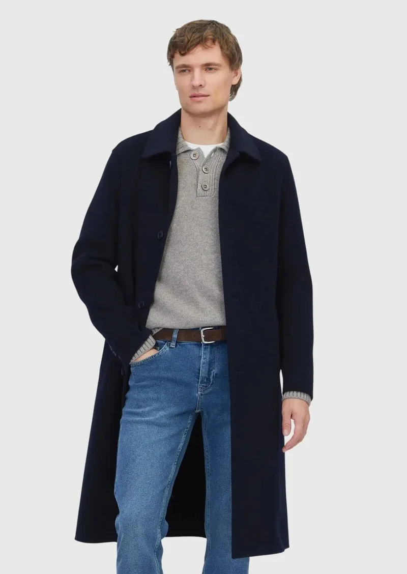 RAMSEY Navy Blue Regular Fit Shirt Collar Classical Weaving Overcoat