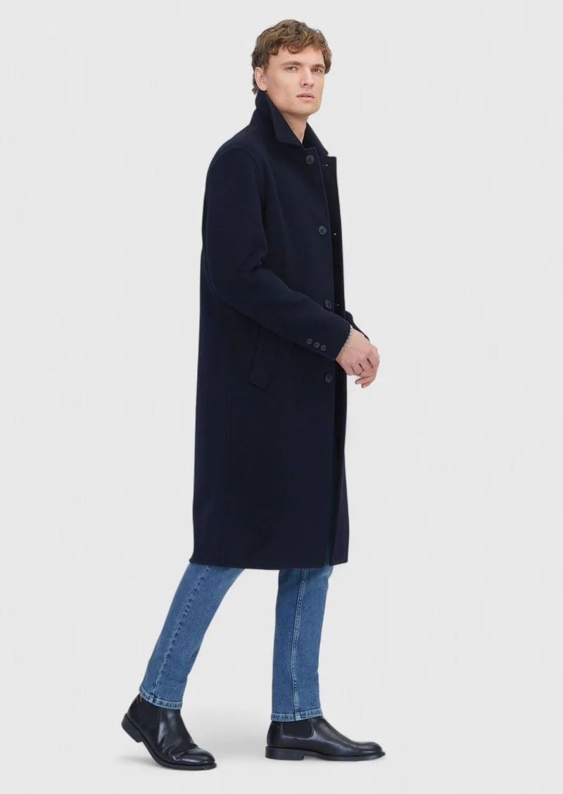 RAMSEY Navy Blue Regular Fit Shirt Collar Classical Weaving Overcoat
