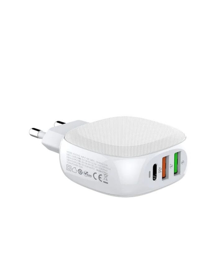 A3510Q High Quality EU Plug Travel Charger Dual USB Port & 1 Type-C Port 32W With Type-C To Lightning Cable - White