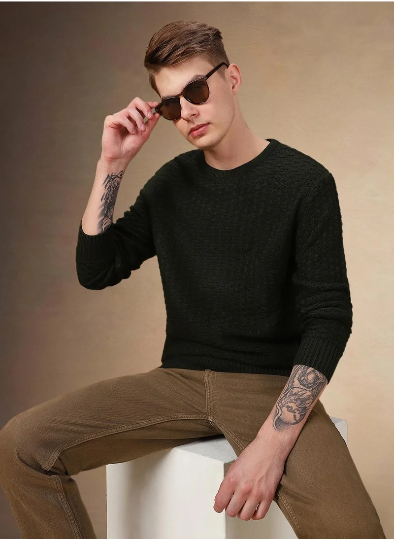 دينيس لينغو Men's Olive 100% Acrylic Solid Regular Fit Sweater