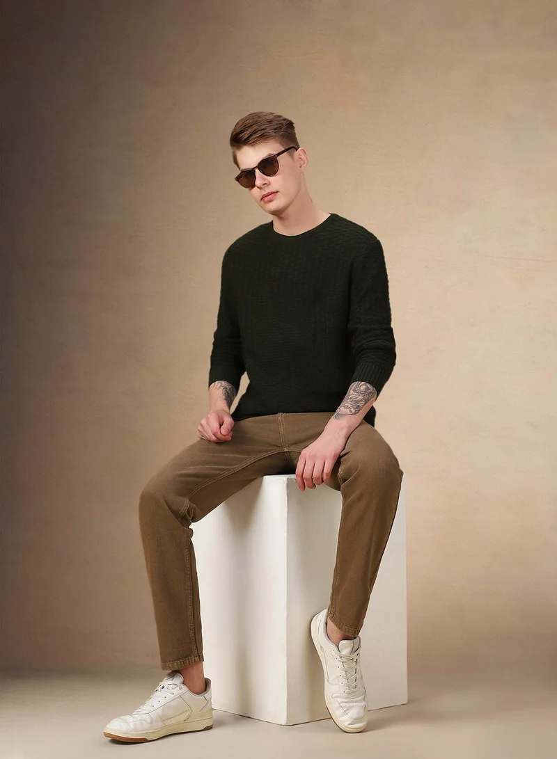 Dennis Lingo Men's Olive 100% Acrylic Solid Regular Fit Sweater