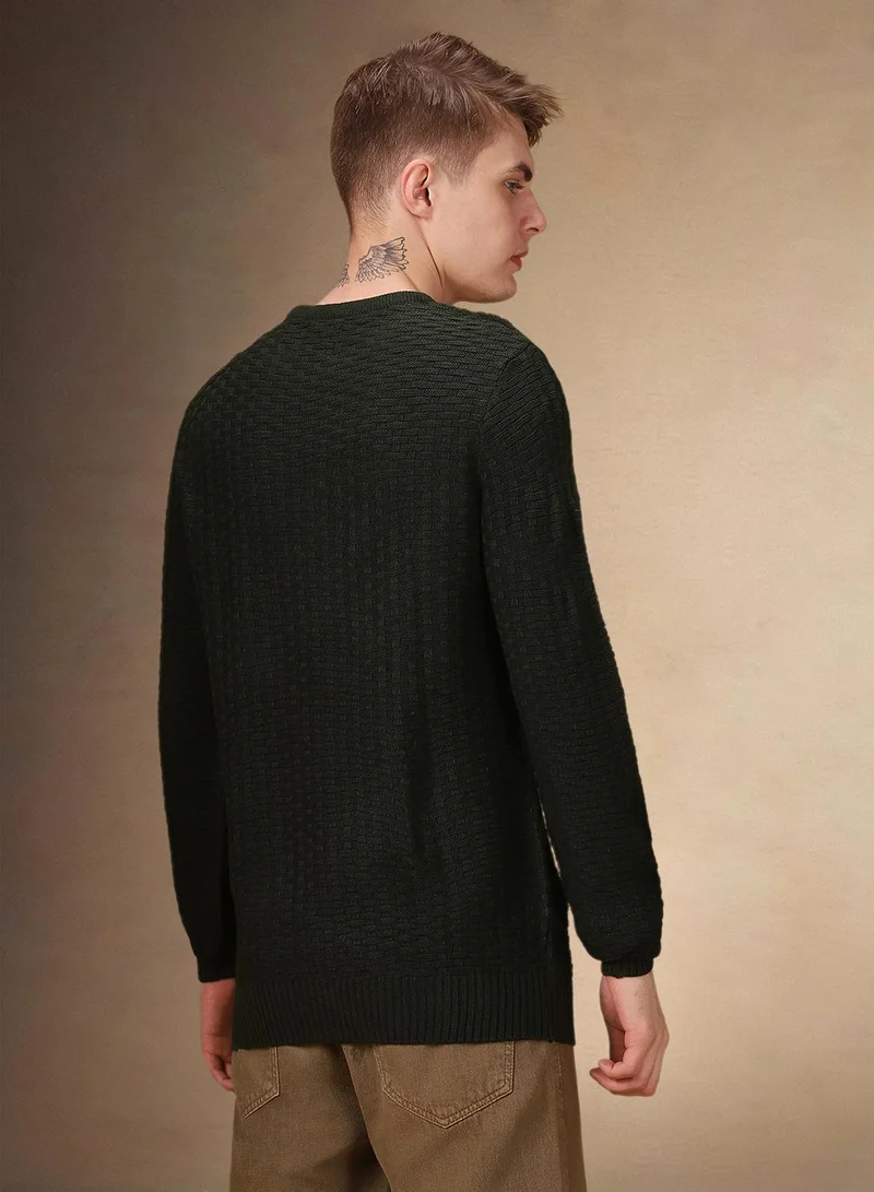 Dennis Lingo Men's Olive 100% Acrylic Solid Regular Fit Sweater
