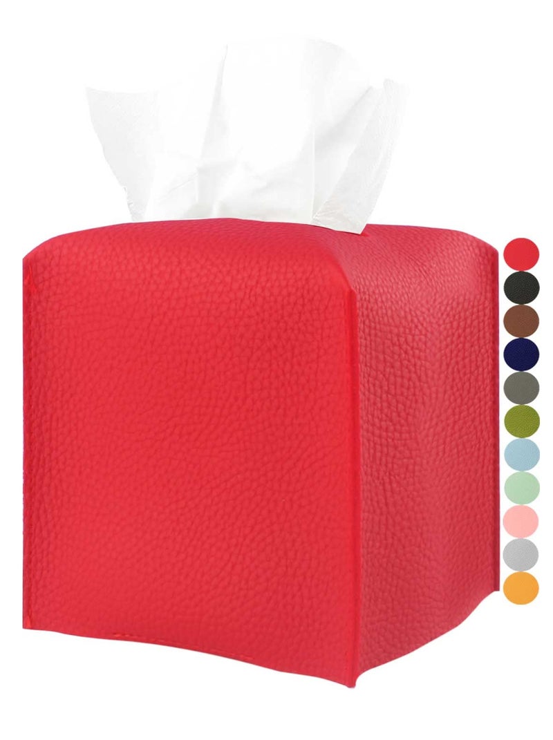 Red Tissue Box Cover Square  with Bottom Belt JESMINI Red Modern PU Leather Tissue Cube Box Holder Decorative for Bathroom Vanity CountertopNight StandsOffice Desk 5x5x5