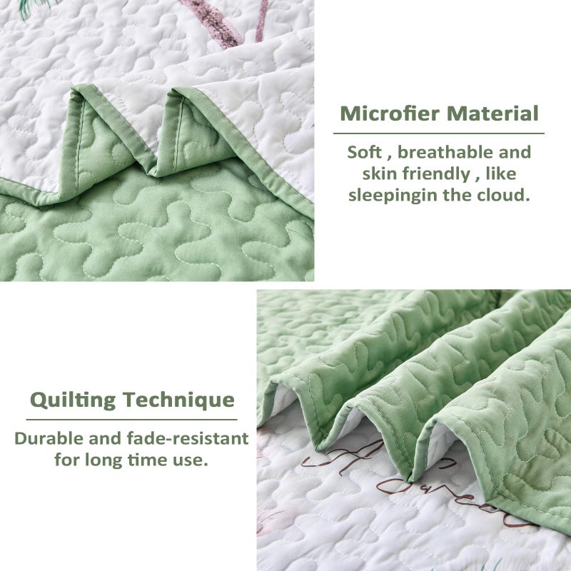 Dinjoy Floral Quilt Set Queen Size,Sage Green Bedspread Botanical 3 Pieces Fall Quilts Microfiber Lightweight Bedspreads White Soft Reversible Bed Cover Sets for All Season(96"x90") - Image 5