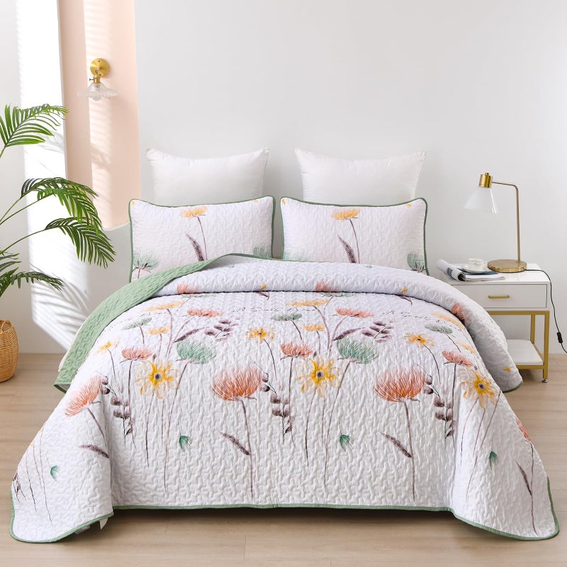 Dinjoy Floral Quilt Set Queen Size,Sage Green Bedspread Botanical 3 Pieces Fall Quilts Microfiber Lightweight Bedspreads White Soft Reversible Bed Cover Sets for All Season(96"x90") - Image 1