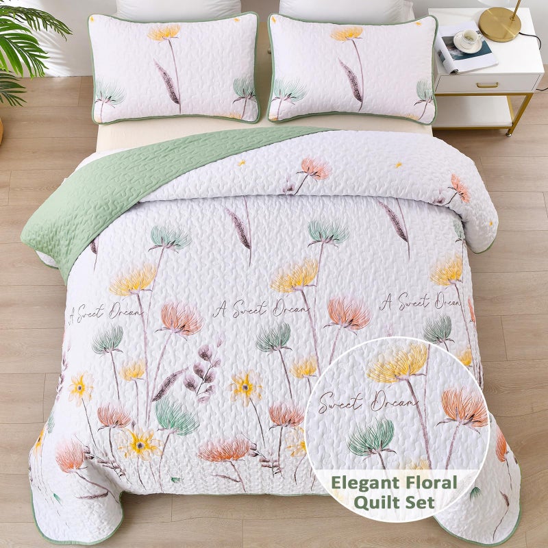 Dinjoy Floral Quilt Set Queen Size,Sage Green Bedspread Botanical 3 Pieces Fall Quilts Microfiber Lightweight Bedspreads White Soft Reversible Bed Cover Sets for All Season(96"x90") - Image 2