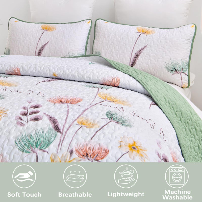 Dinjoy Floral Quilt Set Queen Size,Sage Green Bedspread Botanical 3 Pieces Fall Quilts Microfiber Lightweight Bedspreads White Soft Reversible Bed Cover Sets for All Season(96"x90") - Image 3