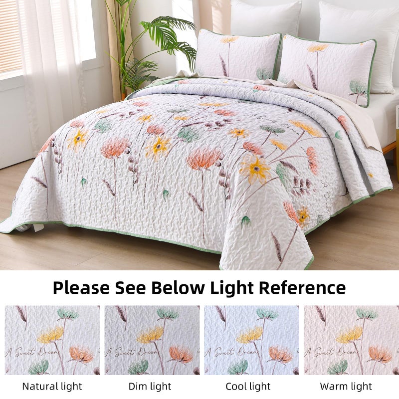 Dinjoy Floral Quilt Set Queen Size,Sage Green Bedspread Botanical 3 Pieces Fall Quilts Microfiber Lightweight Bedspreads White Soft Reversible Bed Cover Sets for All Season(96"x90") - Image 4