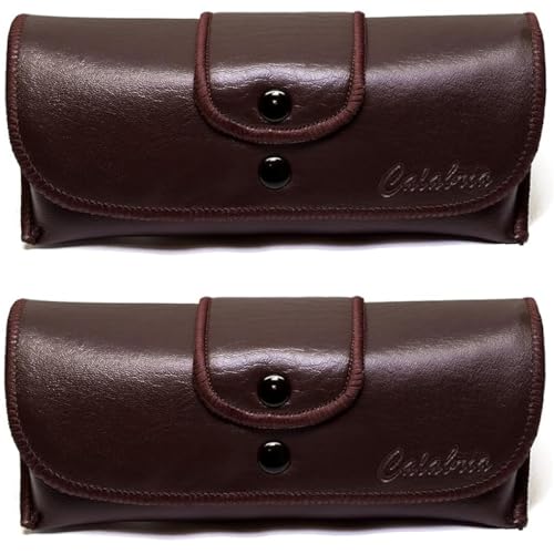 Calabria Double Snap Belt Loop Eyeglass Case Brown 2 Pack PU Leather Vintage Old School Eye Glass SemiHard Sunglass Holder