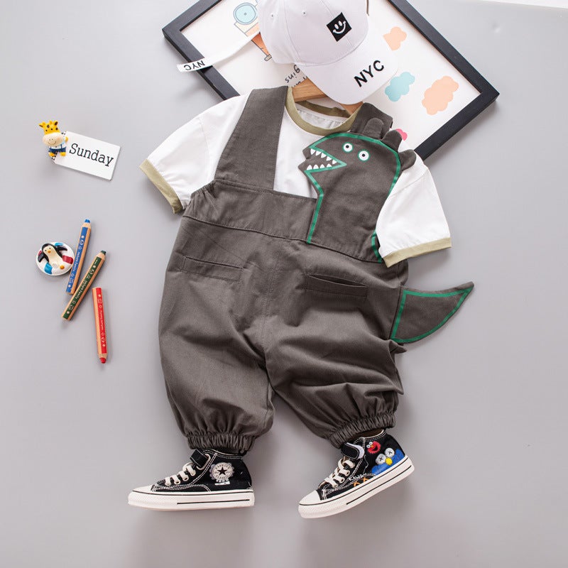 Wu Xiaoqi Children'S Clothing 2024 0-4 Boys Short-Sleeved Solid Color T-Shirt Cartoon Children'S Overalls Two-Piece Set - Image 1