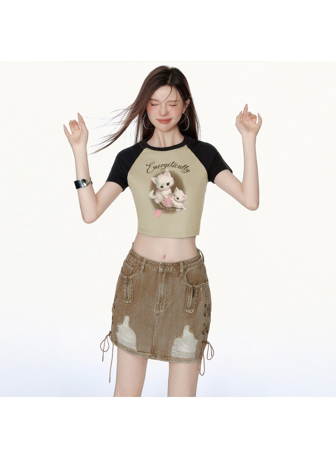 EPTISON تي شيرت نسائي بأكمام قصيرة - تي صيفي بطباعة عتيقة مع أكمام راغلان بلونين، تصميم ضيق أنيق وحار، بلوزة قصيرة - Image 3