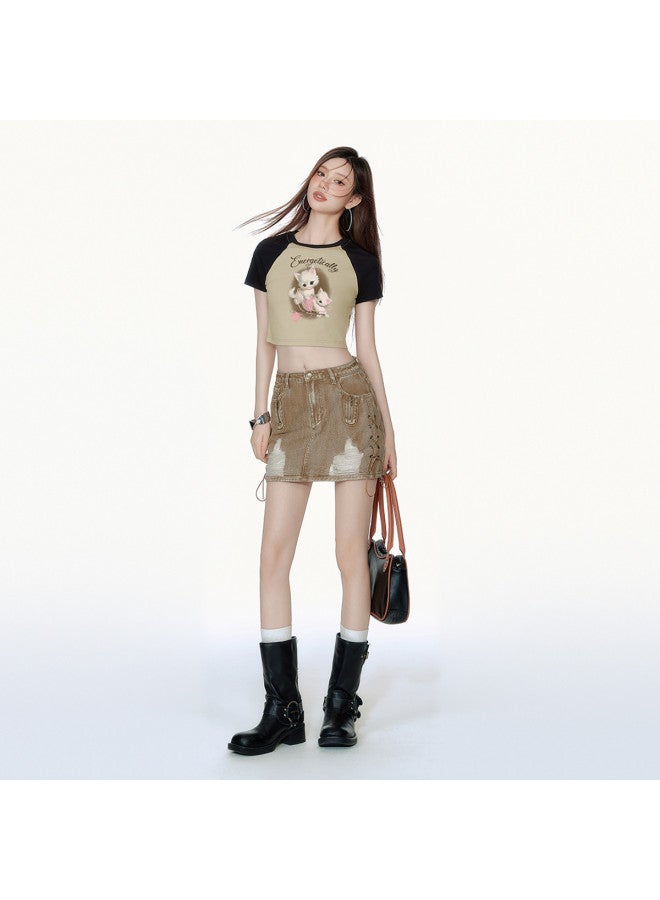 EPTISON تي شيرت نسائي بأكمام قصيرة - تي صيفي بطباعة عتيقة مع أكمام راغلان بلونين، تصميم ضيق أنيق وحار، بلوزة قصيرة - Image 4