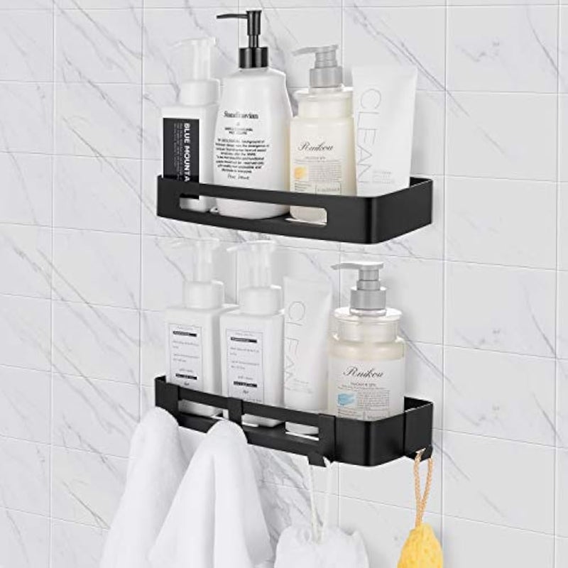 APL Display Corner Shower Caddy 2 Pack Bathroom Corner Shelf Wall Mounted Bathroom Shelf with Hooks Storage Rack For Toilet, Shampoo And Kitchen, Stainless Steel(Black) - Image 2