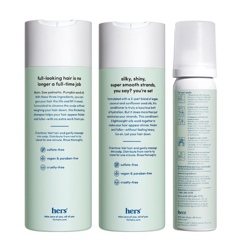 hers Triple Threat Shampoo, Conditioner and Minoxidil Set - Hair Loss Treatment for Women - Includes 5% Foam Minoxidil Treatment, Color Safe Hair Thickening Shampoo and Conditioner - 3 Count - Image 2