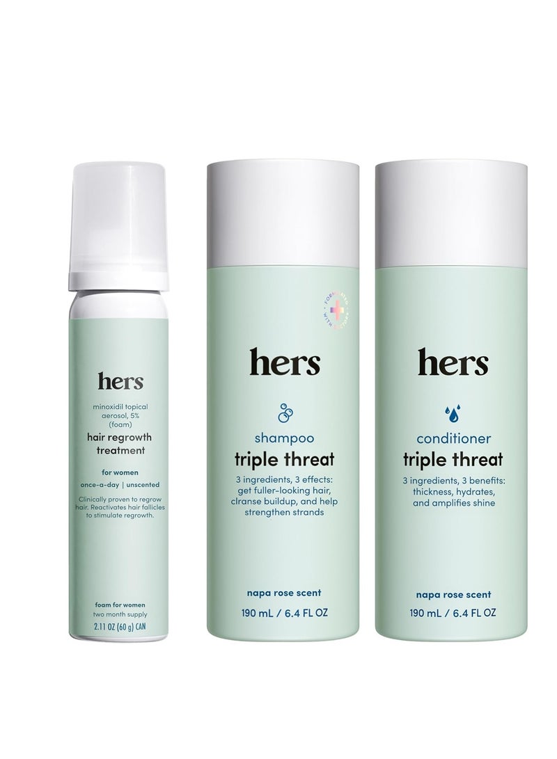 Hers Hers Triple Threat Shampoo, Conditioner and Minoxidil Set - Hair Loss Treatment For Women - Includes Foam 5% Minoxidil Treatment, Color Safe Hair Thickening Shampoo and Conditioner - 3 Count - Image 1