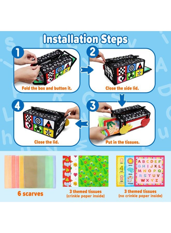 Dr.Rapeti Tummy Time Mirror, Tissue Box Toy, 3in1 Black and White High Contrast, Double-Sided Foldable Sensory Montessori Toy, Crinkle Silk Scarves Teethers 0-6 6-12 Month Newborn Infant Baby - Image 3