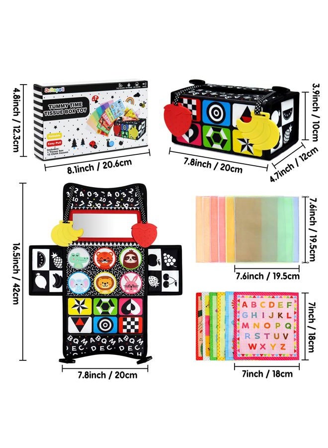 Dr.Rapeti Tummy Time Mirror, Tissue Box Toy, 3in1 Black and White High Contrast, Double-Sided Foldable Sensory Montessori Toy, Crinkle Silk Scarves Teethers 0-6 6-12 Month Newborn Infant Baby - Image 2