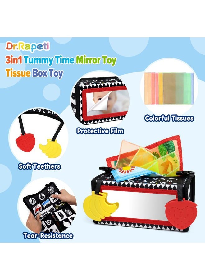 Dr.Rapeti Tummy Time Mirror, Tissue Box Toy, 3in1 Black and White High Contrast, Double-Sided Foldable Sensory Montessori Toy, Crinkle Silk Scarves Teethers 0-6 6-12 Month Newborn Infant Baby - Image 4