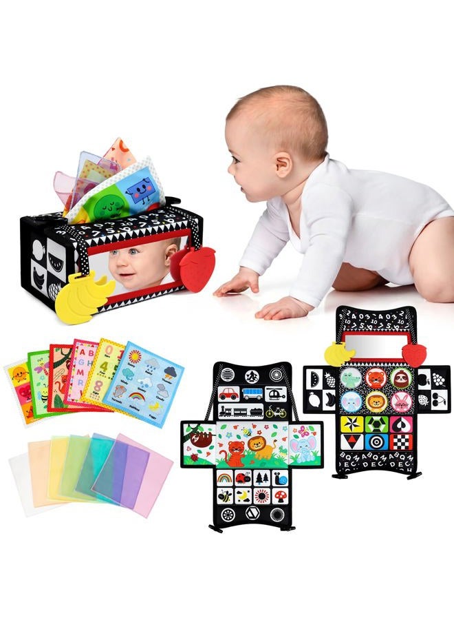 Dr.Rapeti Tummy Time Mirror, Tissue Box Toy, 3in1 Black and White High Contrast, Double-Sided Foldable Sensory Montessori Toy, Crinkle Silk Scarves Teethers 0-6 6-12 Month Newborn Infant Baby - Image 1