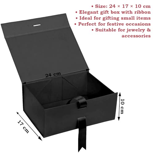 Aakriti Black Foldable Diwali Gift Box with Satin Ribbon - Medium (24 x 17 x 10 cm), Black Matte Finish, 20 Pack, Holds up to 5kg, Reusable Hamper Box for Gift Packing - Image 2