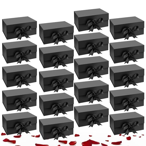 Aakriti Black Foldable Diwali Gift Box with Satin Ribbon - Medium (24 x 17 x 10 cm), Black Matte Finish, 20 Pack, Holds up to 5kg, Reusable Hamper Box for Gift Packing - Image 1