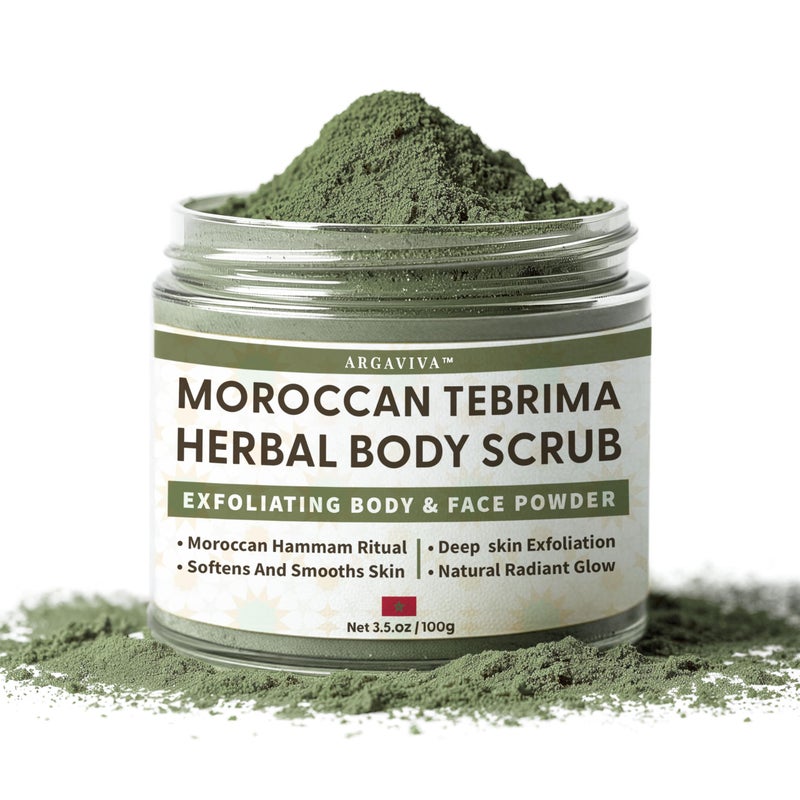 Argaviva Moroccan Tebrima Herbal Exfoliating Body Scrub Powder | Natural Body Exfoliator for Women & Men, Gentle Bikini Exfoliating Scrub with Nila, Henna, Rose & White Clay for Smooth, Glowing Skin - Image 1