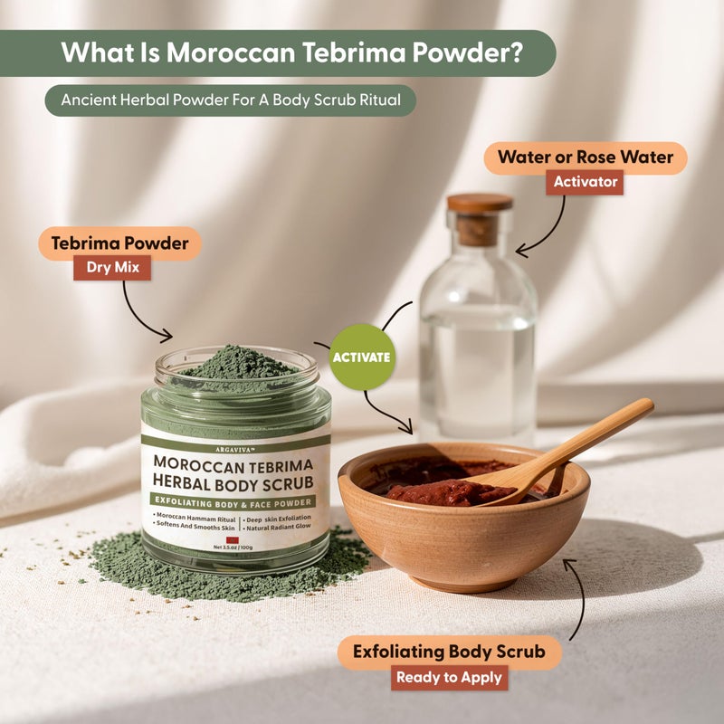 Argaviva Moroccan Tebrima Herbal Exfoliating Body Scrub Powder | Natural Body Exfoliator for Women & Men, Gentle Bikini Exfoliating Scrub with Nila, Henna, Rose & White Clay for Smooth, Glowing Skin - Image 2