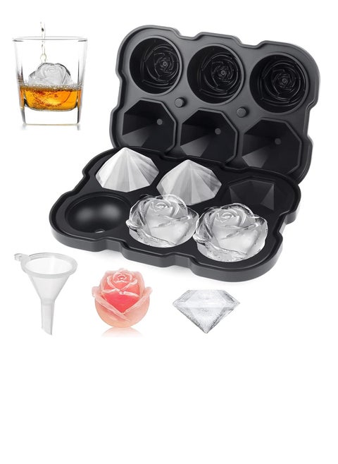 2PCS Ice Cube Tray, 2 inch Rose Ice Cube Trays With Covers, 3 Cavity Silicone Rose Ice Tray & 3 Diamond Ice Ball Maker, Easy Release Large Ice Cube Form for Chilled Juice, Whiskey Juice Black