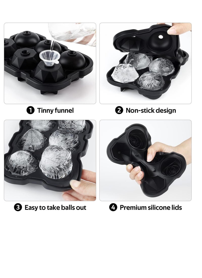2PCS Ice Cube Tray, 2 inch Rose Ice Cube Trays With Covers, 3 Cavity Silicone Rose Ice Tray & 3 Diamond Ice Ball Maker, Easy Release Large Ice Cube Form for Chilled Juice, Whiskey Juice Black