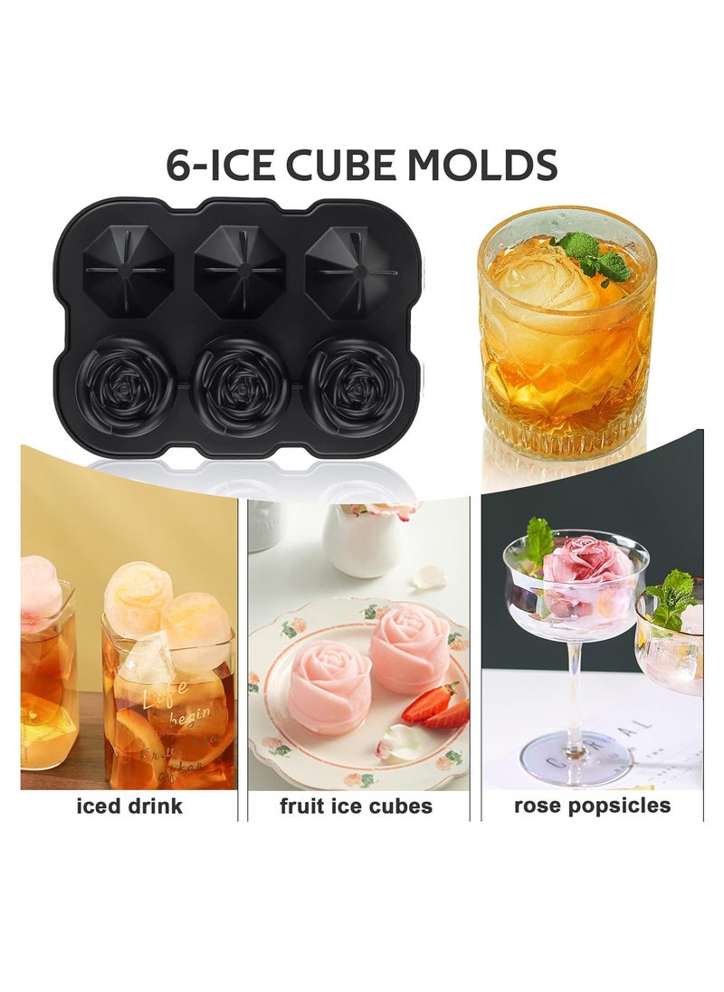 2PCS Ice Cube Tray, 2 inch Rose Ice Cube Trays With Covers, 3 Cavity Silicone Rose Ice Tray & 3 Diamond Ice Ball Maker, Easy Release Large Ice Cube Form for Chilled Juice, Whiskey Juice Black