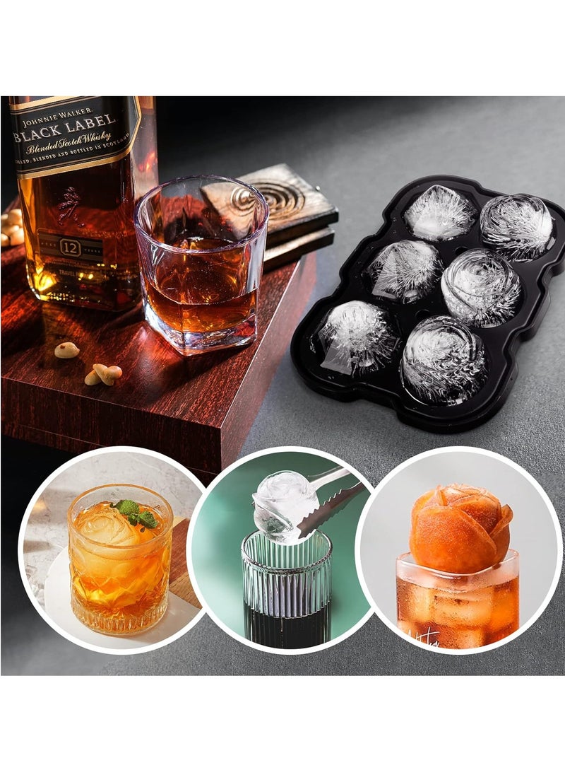 2PCS Ice Cube Tray, 2 inch Rose Ice Cube Trays With Covers, 3 Cavity Silicone Rose Ice Tray & 3 Diamond Ice Ball Maker, Easy Release Large Ice Cube Form for Chilled Juice, Whiskey Juice Black