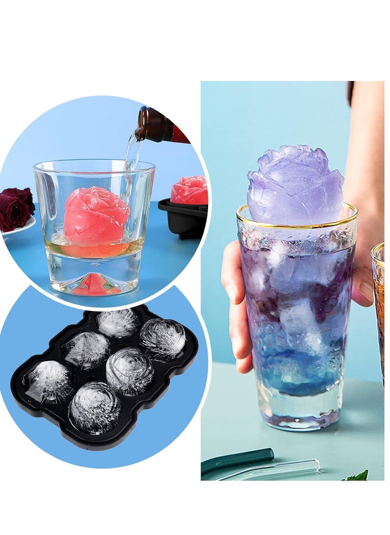 2PCS Ice Cube Tray, 2 inch Rose Ice Cube Trays With Covers, 3 Cavity Silicone Rose Ice Tray & 3 Diamond Ice Ball Maker, Easy Release Large Ice Cube Form for Chilled Juice, Whiskey Juice Black
