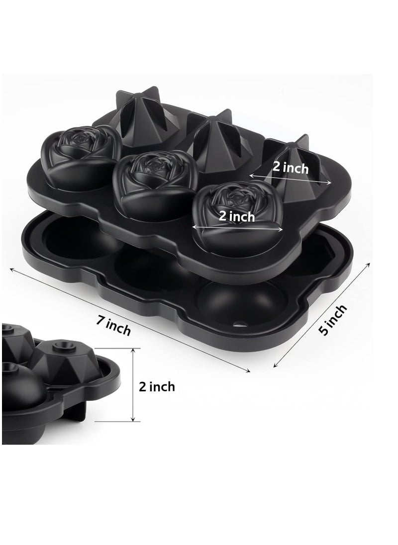 2PCS Ice Cube Tray, 2 inch Rose Ice Cube Trays With Covers, 3 Cavity Silicone Rose Ice Tray & 3 Diamond Ice Ball Maker, Easy Release Large Ice Cube Form for Chilled Juice, Whiskey Juice Black