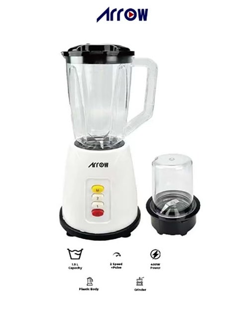 Blender 1.5L with Plastic Jar & Grinder, 400W | 2 Speeds | Special Features | Portable | White Color | Ideal for Blending & Grinding | RO-15PBSY