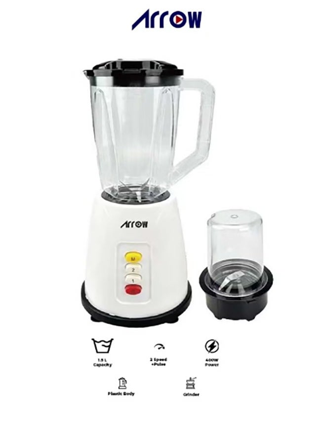 Blender 1.5L with Plastic Jar & Grinder, 400W | 2 Speeds | Special Features | Portable | White Color | Ideal for Blending & Grinding | RO-15PBSY