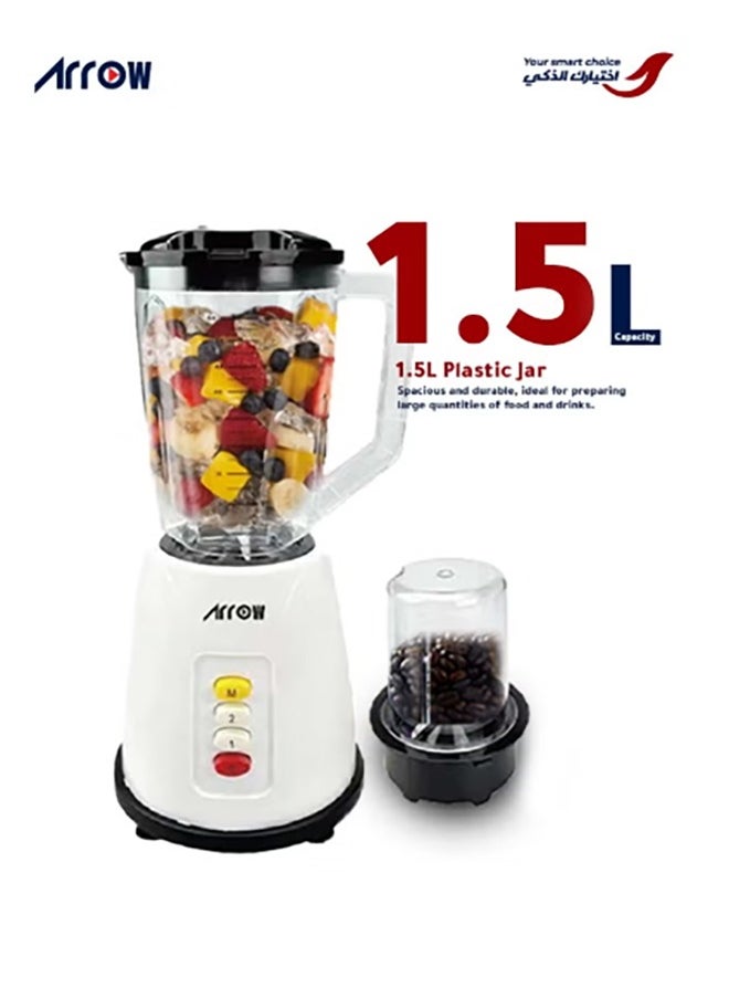 Blender 1.5L with Plastic Jar & Grinder, 400W | 2 Speeds | Special Features | Portable | White Color | Ideal for Blending & Grinding | RO-15PBSY